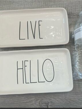 Rae Dunn White Ceramic "LIVE" and "HELLO" Trays Set and Things Jar